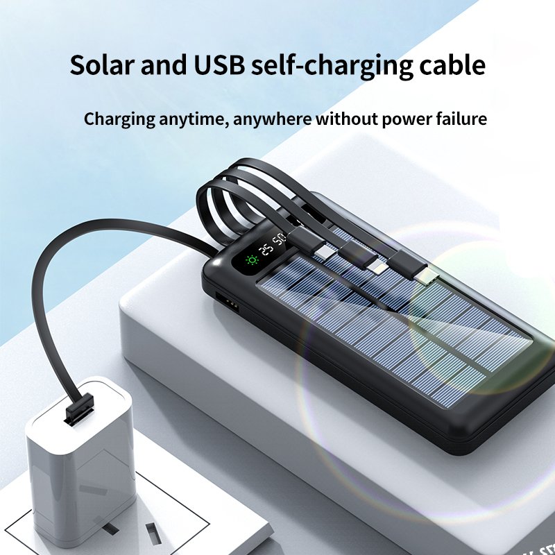 2024 Hot selling 10000mah high power capacity solar power bank 2A fast charger powerbank with 4 cables portable power banks