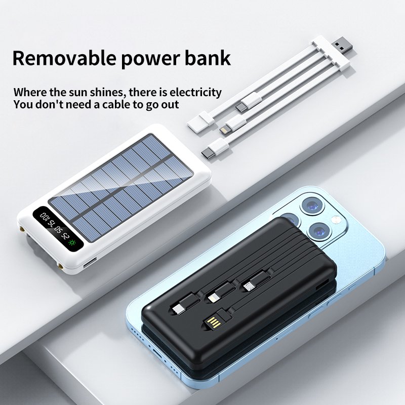 2024 Hot selling 10000mah high power capacity solar power bank 2A fast charger powerbank with 4 cables portable power banks