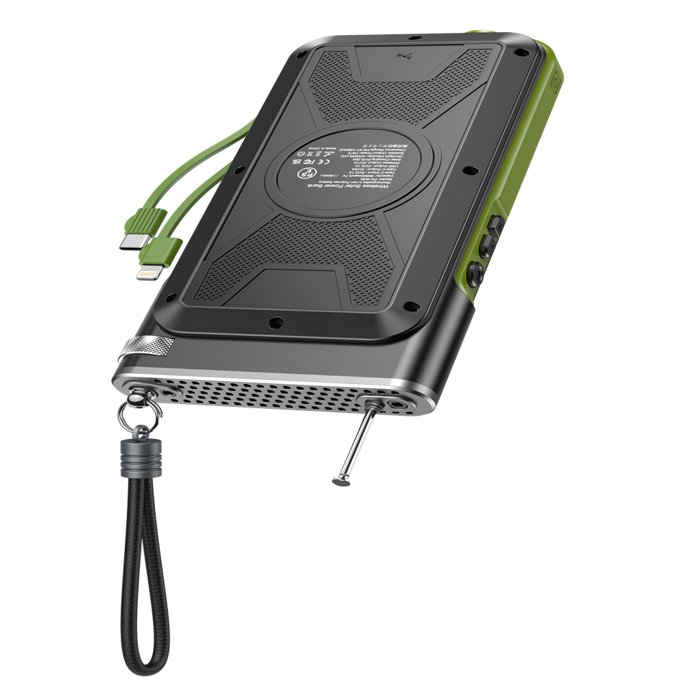 2024 New trending Solar power bank with 2 cables water proof FM radio Wireless charger Mobile Phone 20000mAh Full Capacity