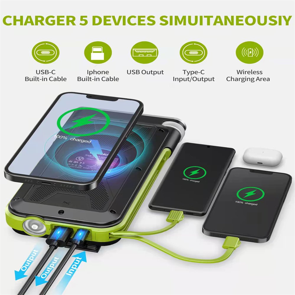 2024 New trending Solar power bank with 2 cables water proof FM radio Wireless charger Mobile Phone 20000mAh Full Capacity