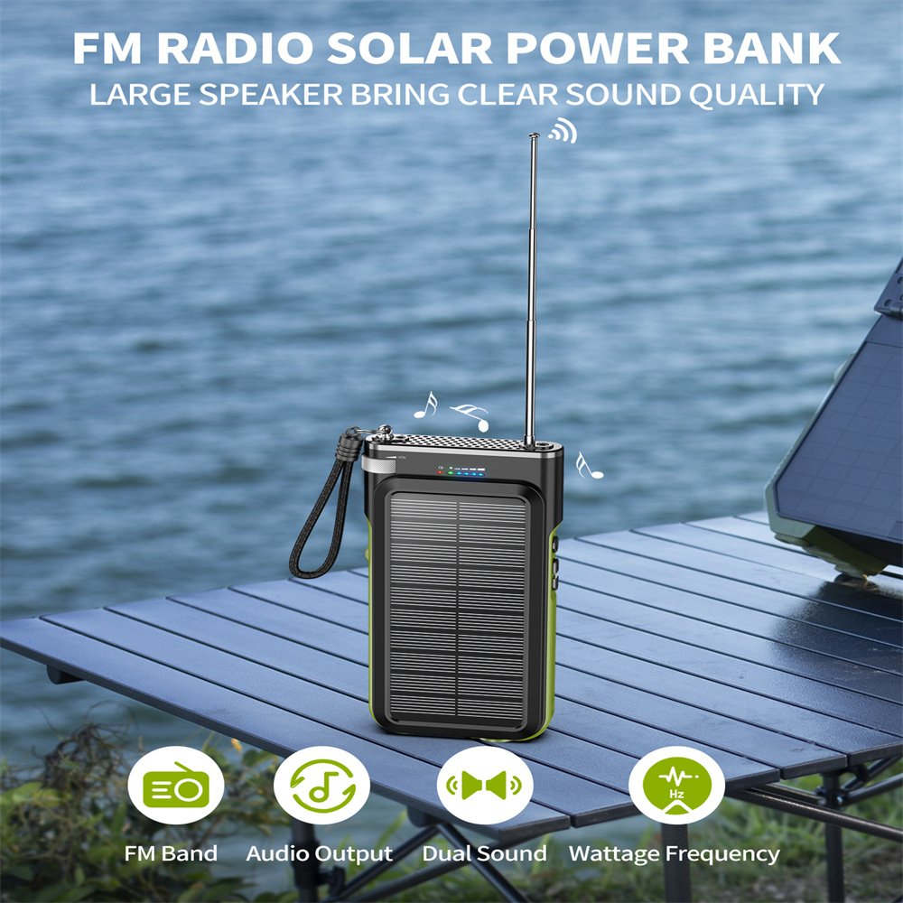 2024 New trending Solar power bank with 2 cables water proof FM radio Wireless charger Mobile Phone 20000mAh Full Capacity