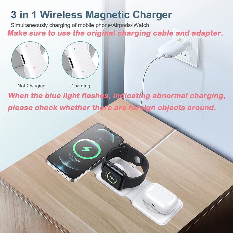 3 in 1 Foldable Wireless Charger Magnetic Fast Wireless Charging Pad Compatible For iPhone 14/Max/13 Apple Watch AirPods Pro