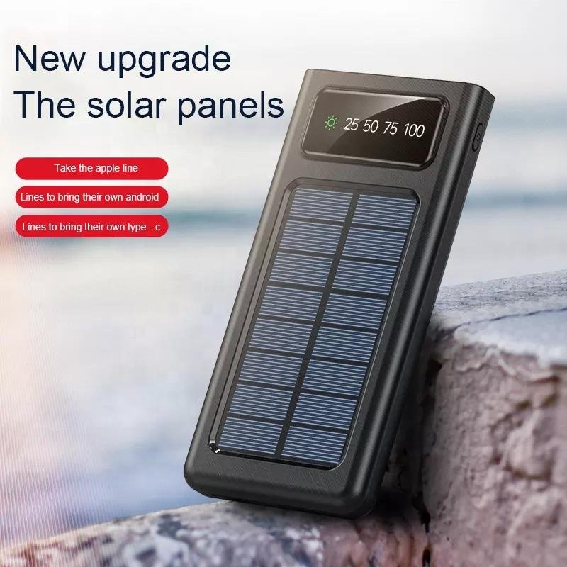 Hot Sale Solar Portable Power Bank With 4 Cables 20000Mah Mobile Phone Charger Powerbank Dual Usb Battery Backup Outdoor