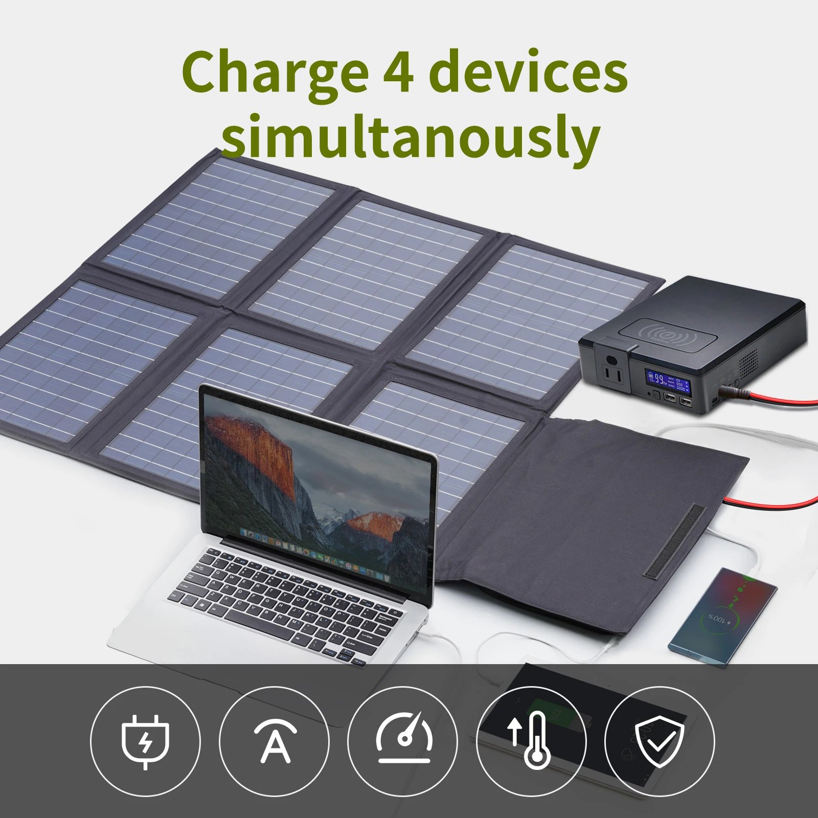 Solar Panel 60W Foldable Solar Charger with 18V DC+USB-C 60W USB A*2 for Powerstation Camping Laptop Phone Riding