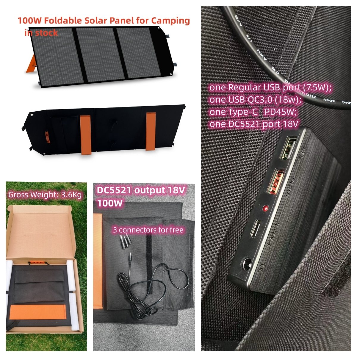 High Efficiency 100W Foldable Solar Panel Bag for Outdoor Camping and Emergency Use