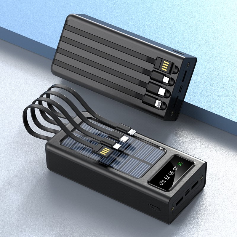 Solar Power Bank Built Cables 20000mAh Solar Charger 2 USB Ports External Charger Powerbank with LED Light