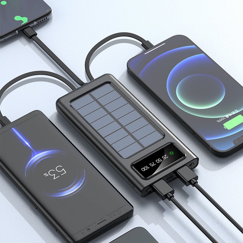 Solar Power Bank Built Cables 20000mAh Solar Charger 2 USB Ports External Charger Powerbank with LED Light