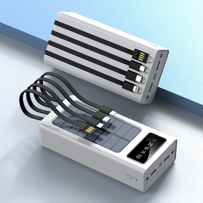 Solar Power Bank Built Cables 20000mAh Solar Charger 2 USB Ports External Charger Powerbank with LED Light