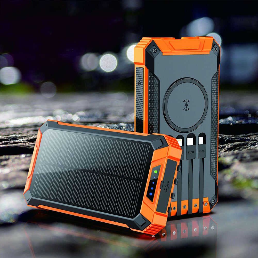 Outdoor New trending 2023 arrivals Splash Water Dust proof solar charge wireless charge 20000mAh Solar Power Bank with 4 cables