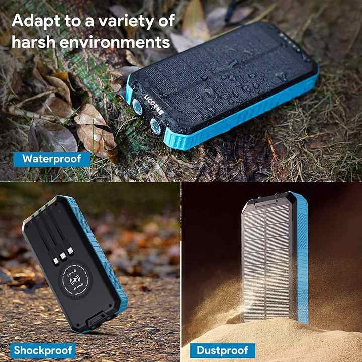 2023 newest solar power bank 30000mah wireless charger with built--in cable LED camping waterproof power bank
