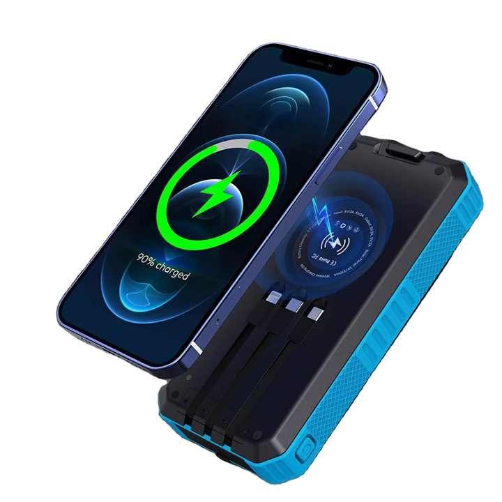 2023 newest solar power bank 30000mah wireless charger with built--in cable LED camping waterproof power bank