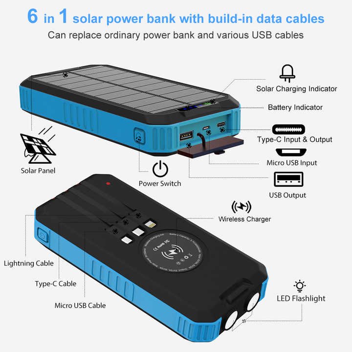 2023 newest solar power bank 30000mah wireless charger with built--in cable LED camping waterproof power bank