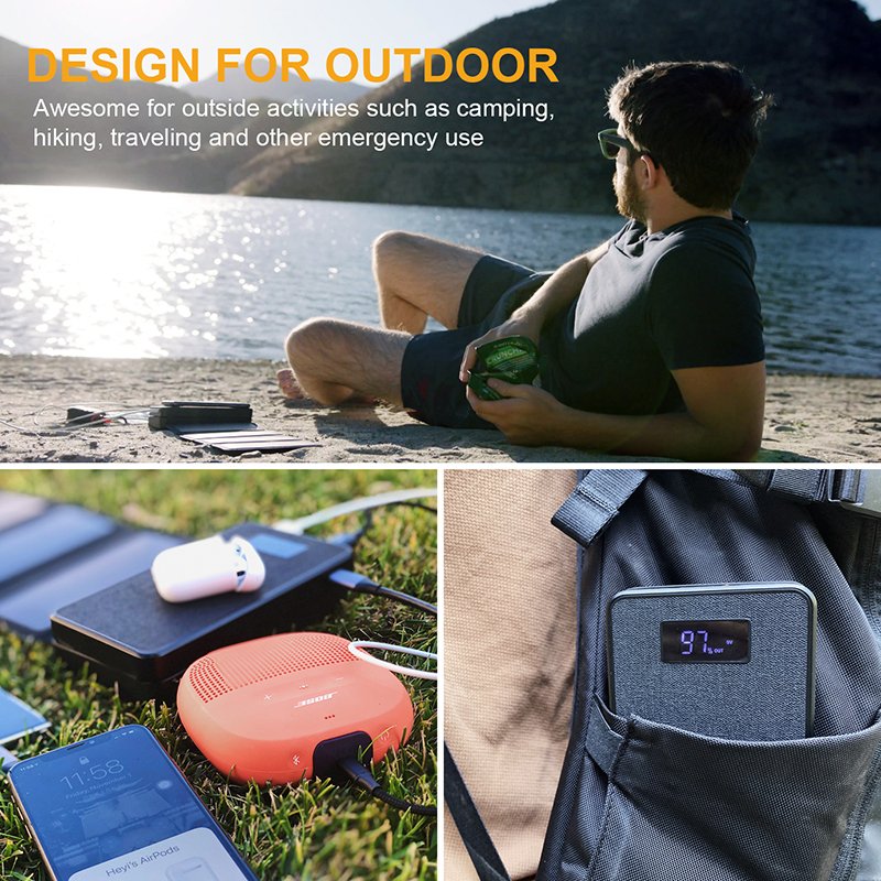 20000mAh Portable Solar Charger Power Bank Waterproof QC3.0 External Battery Pack Two-way type-C output 10W