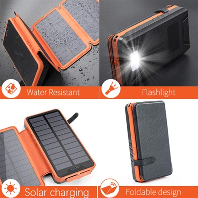 Waterproof Foldable Solar Power Bank 20000mah Portable Solar Cell Phone Charger with LED Light