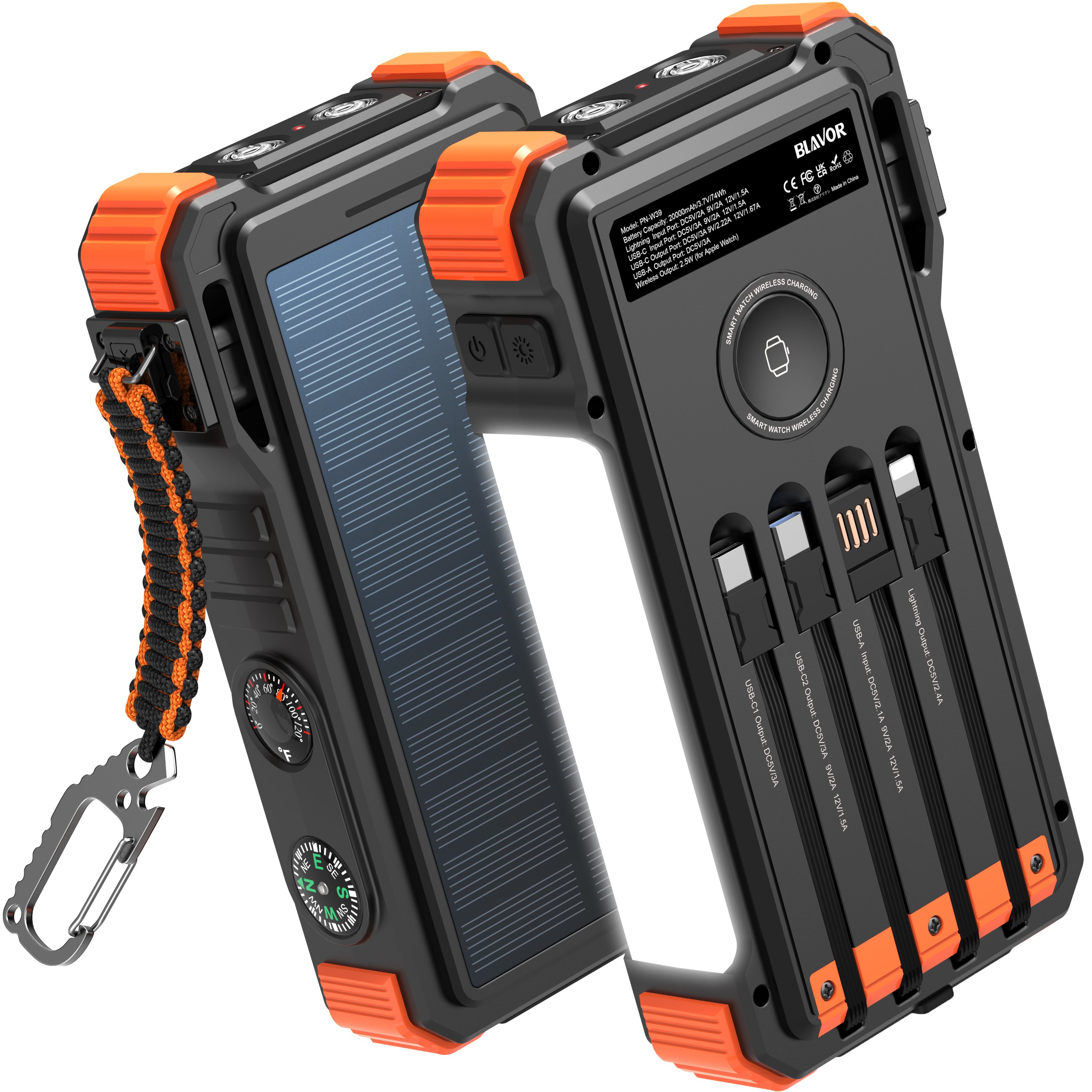 Rugged outdoor Camping Hiking LED Flashlight waterproof PD20w fast Wireless charger built-in cables 20000mAH solar power bank
