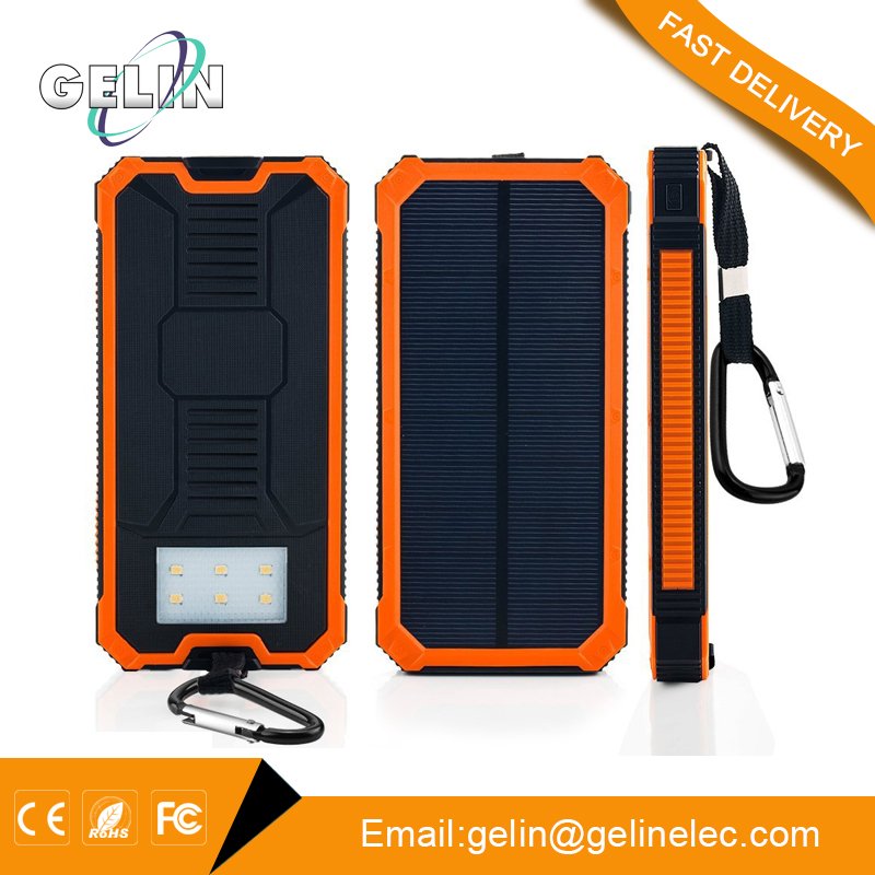 Alibaba golden supplier waterproof solar power bank 10000mah ,solar battery charger with LED for camping
