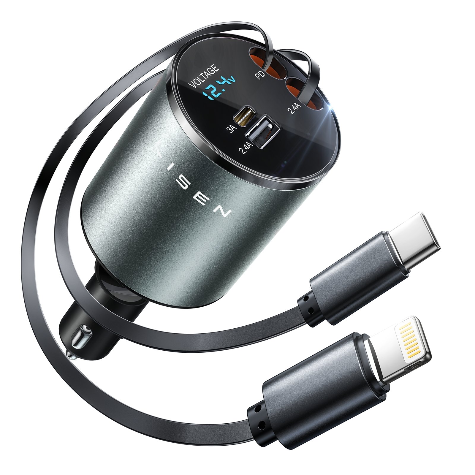 Lisen 2024 Hot selling 4 in 1 Retractable Car Charger USB C 69W Fast Charge Car Phone Charger