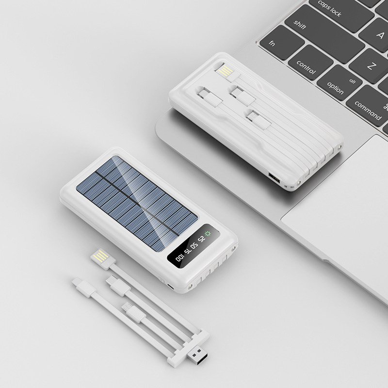 Wholesale Solar Power Charger With Cables, Factory Direct High Quality Double LED Light Fast Charging Mobile Power Bank 20000mAh