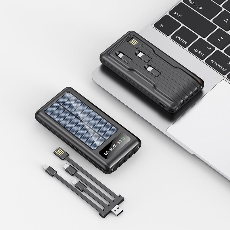 Wholesale Solar Power Charger With Cables, Factory Direct High Quality Double LED Light Fast Charging Mobile Power Bank 20000mAh