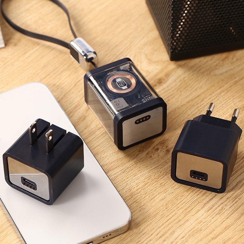 High Quality Wholesale Custom Cheap Transparent Mech-style Power Bank Plug Magnetic Quick Charge 2-in-1 Charger
