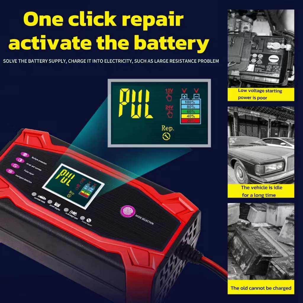 2024 New Smart Pulse Repair battery charging 12/24 volt Vehicles Motorcycles ABS DC/AC Car Charger Lead Acid LiFe PO4 Battery