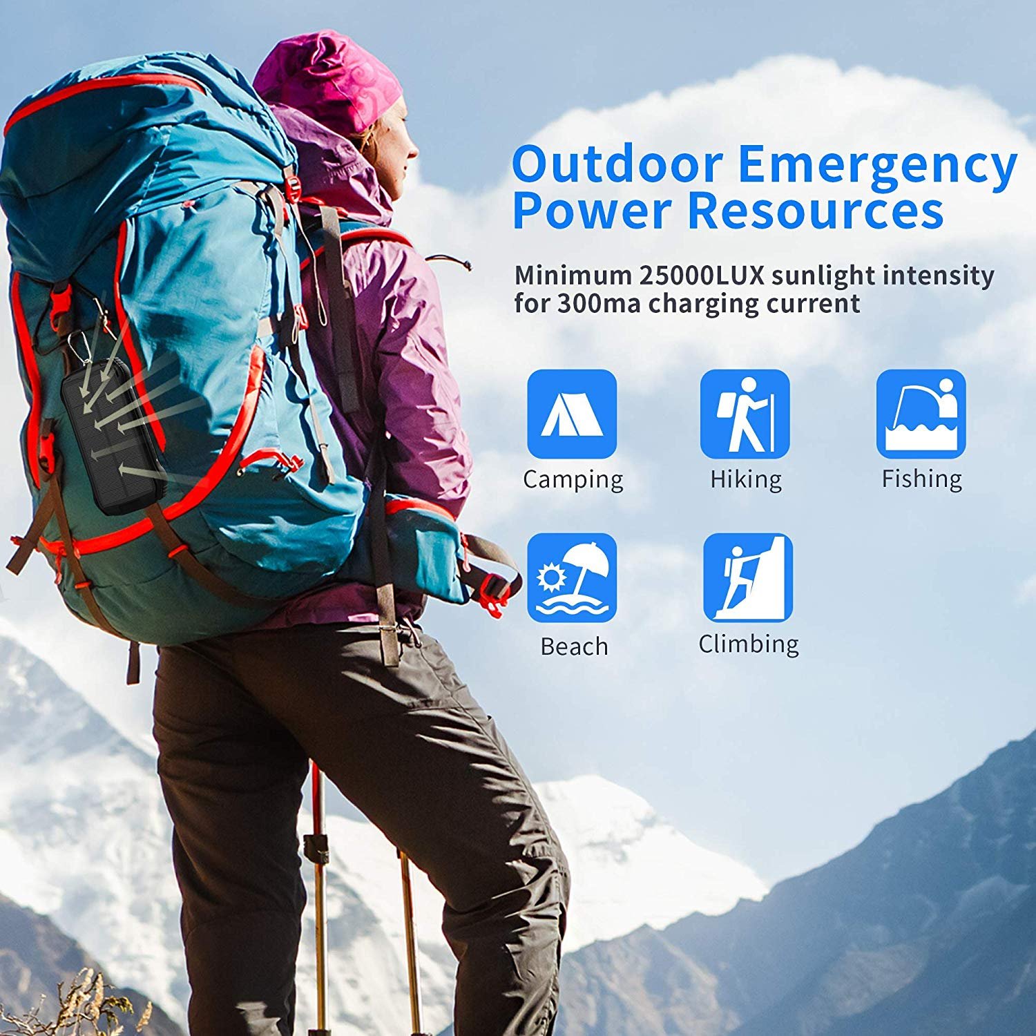 26800mah Newest Model Portable Solar Mobile Phone Charger Universal Solar Power Bank Charger with Hook 25000mah High Capacity Ce