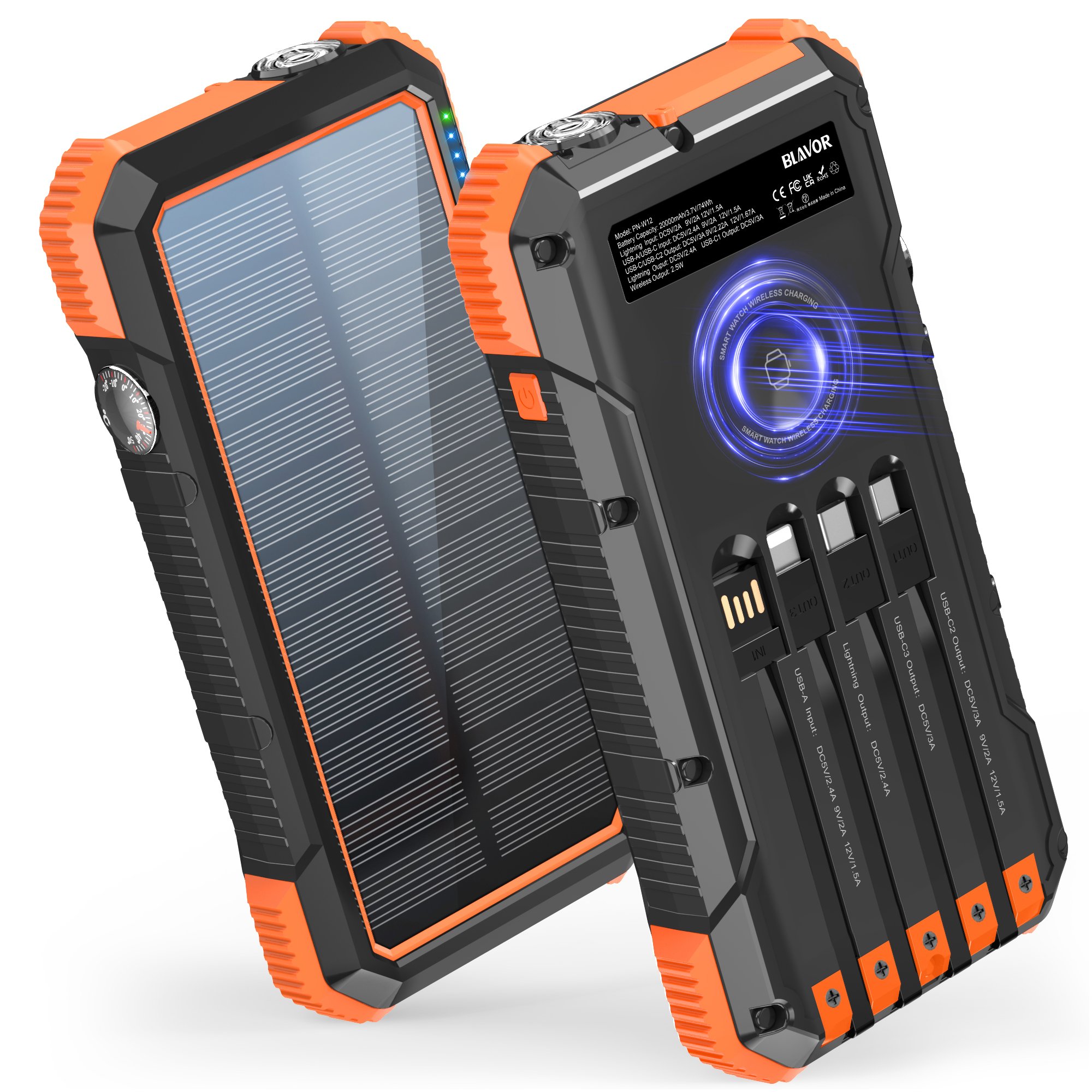New outdoor rugged emergency Camping Hiking LED Flashlight built in cables PD fast Wireless charger 20000mAH solar power bank