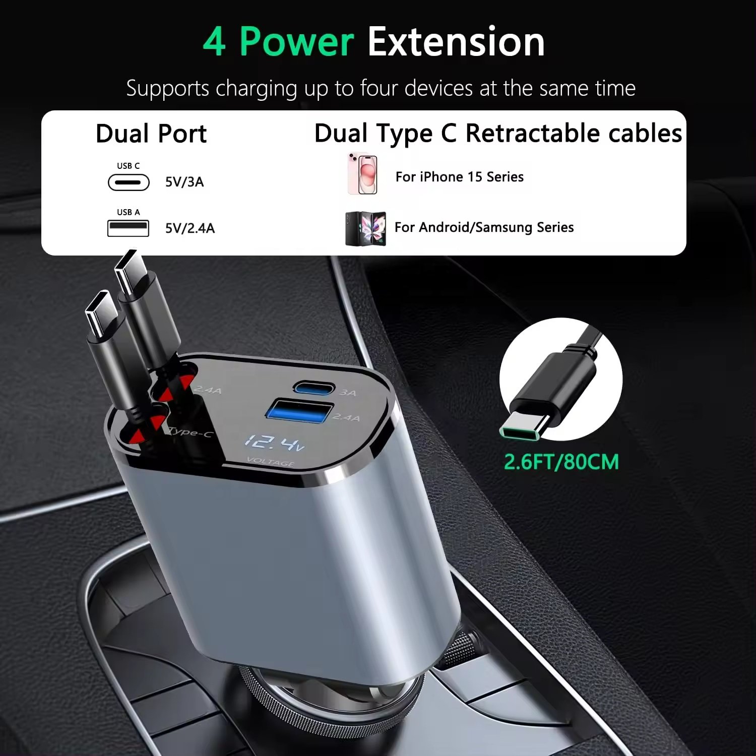 100W 4 in 1 Multi -function Fast Car Phone Charger Retractable Car charger car solar charger for all mobile phone
