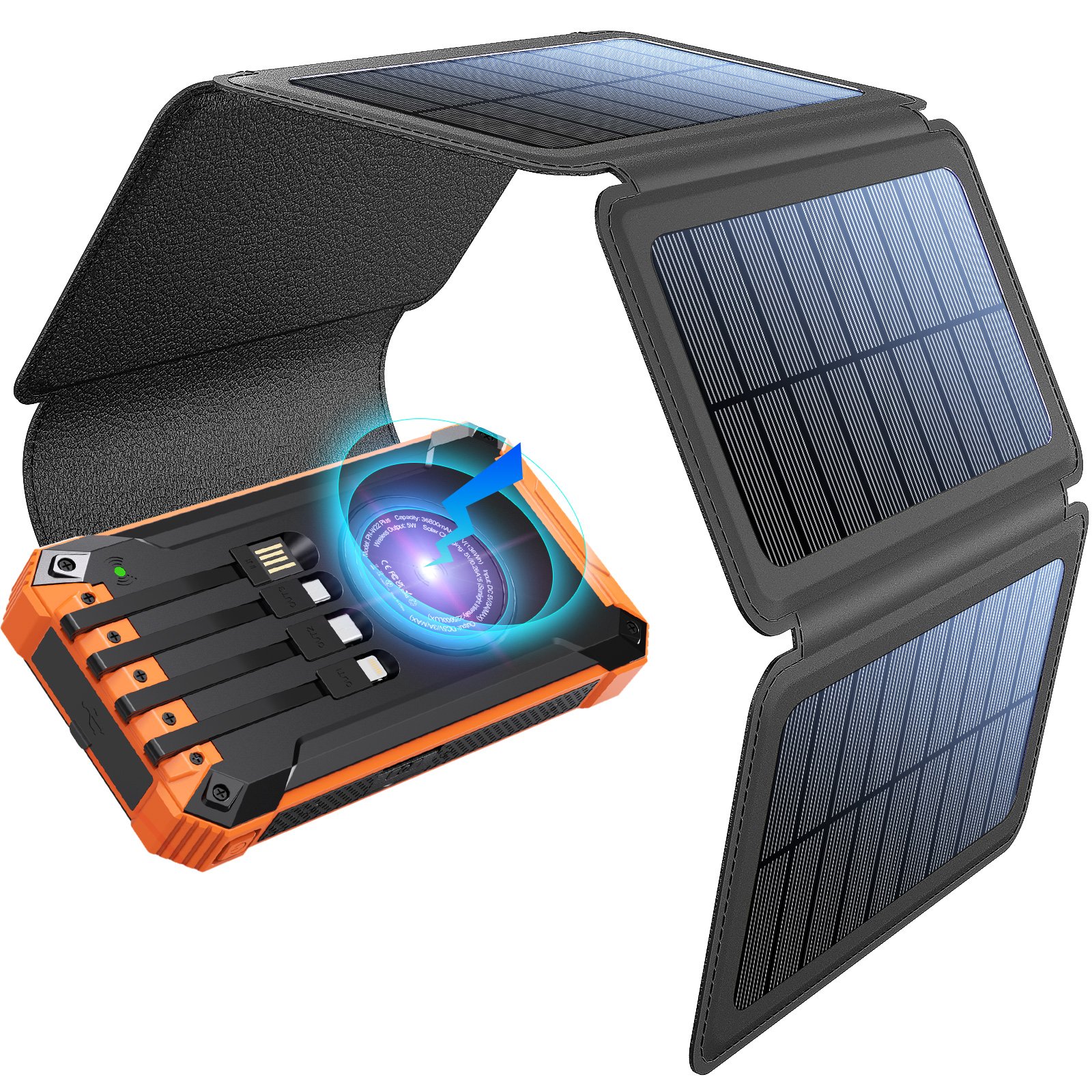 Foldable solar panels rugged Hiking LED Flashlight waterproof PD fast Wireless charger built-in cables 20000mAH solar power bank