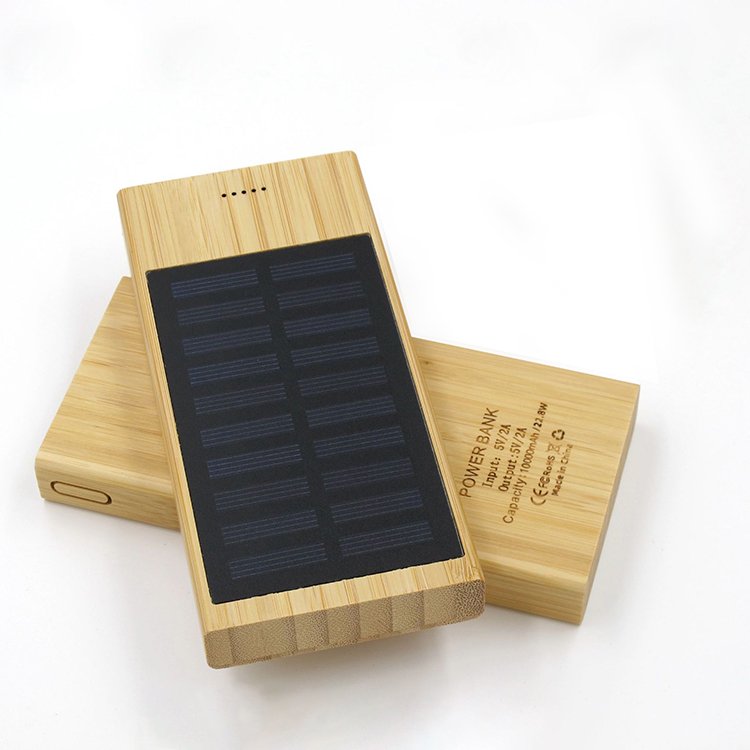Custom Logo Bamboo Wood Outdoor Emergency Mobile Powerbank 10000mAh Solar Power Bank