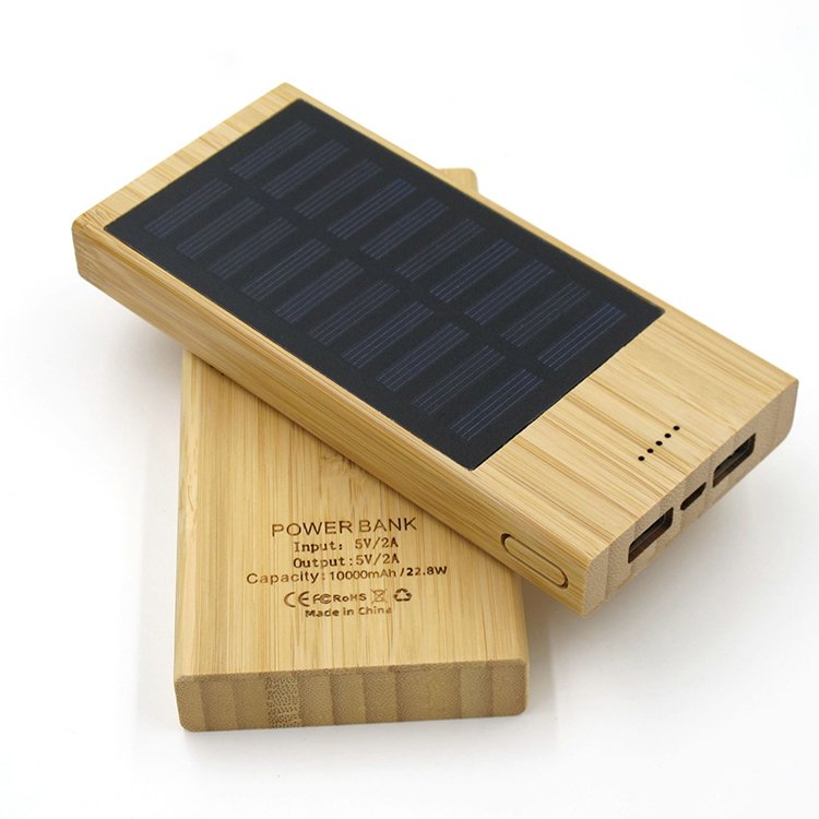 Custom Logo Bamboo Wood Outdoor Emergency Mobile Powerbank 10000mAh Solar Power Bank