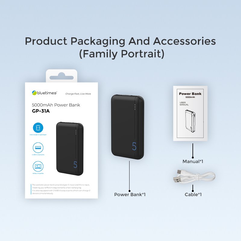 Bluetimes Family Design Power Bank 5000mah Dual Black Li-polymer Battery Universal Portable Power Bank for Smart Phone