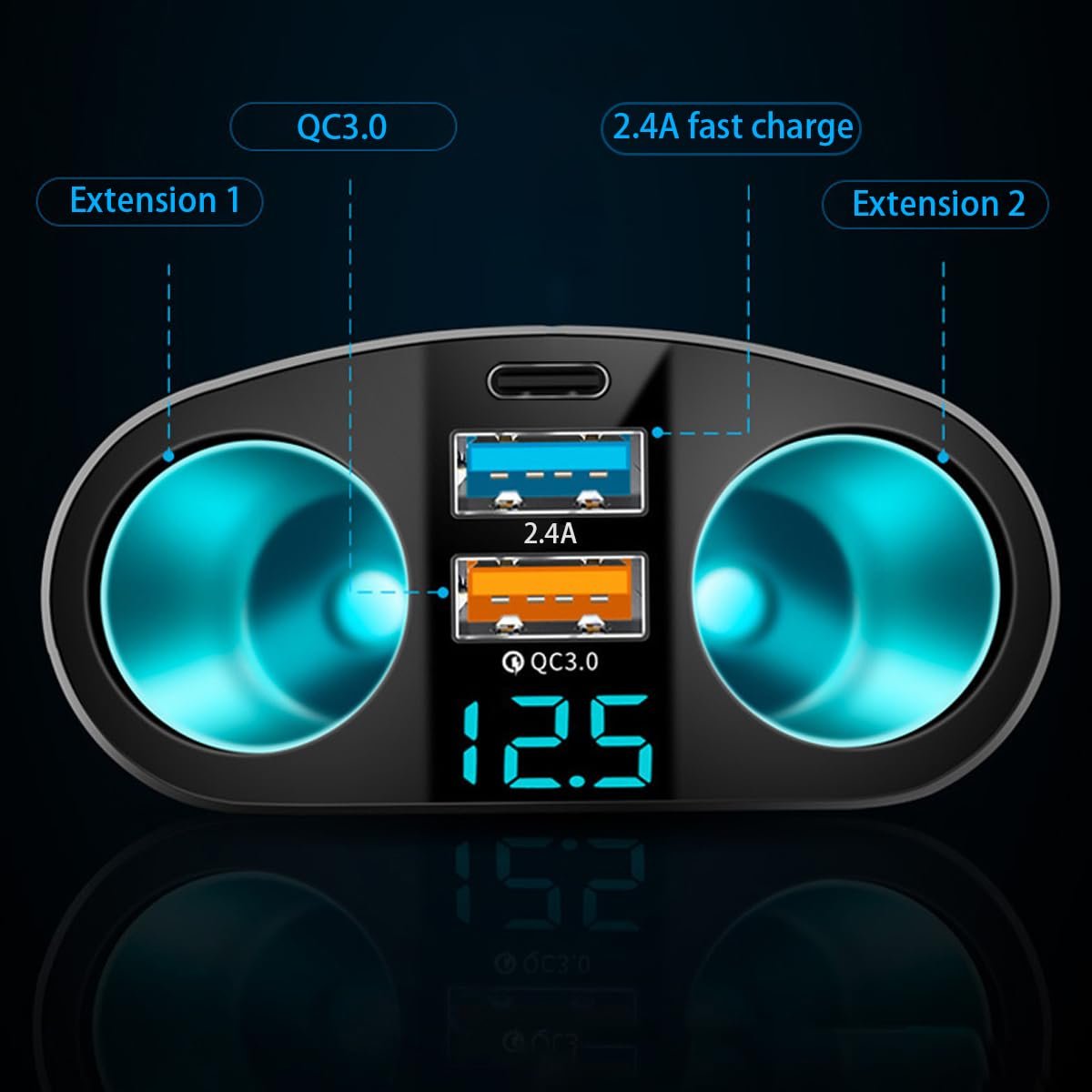 Car Cigarette Lighter Splitter 2 Socket USB QC3.0 Type-C 20W PD Fast Car Charger Adapter with LED Digital Display Dual USB Port