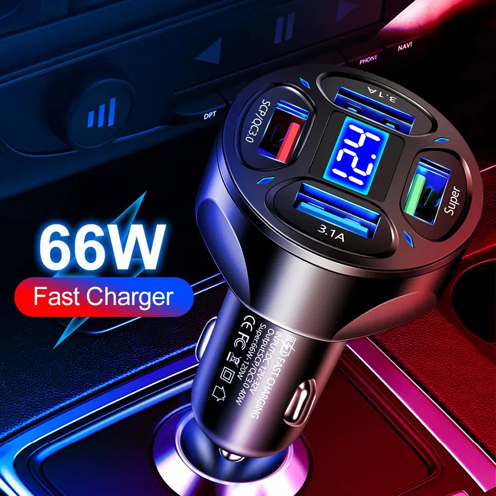 66W 4 Ports USB PD Quick Car Charger QC 3.0 Type C Cigarette Lighter 12V USB C Car Charger for Mobile Phone
