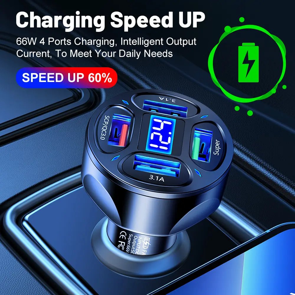 66W 4 Ports USB PD Quick Car Charger QC 3.0 Type C Cigarette Lighter 12V USB C Car Charger for Mobile Phone
