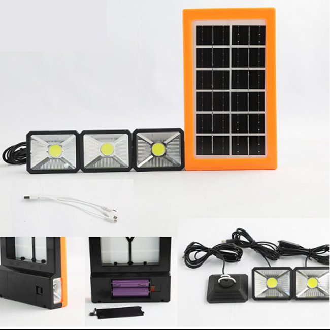 Solar integrated Emergency light with 3 small lights Portable lighting system with USB output