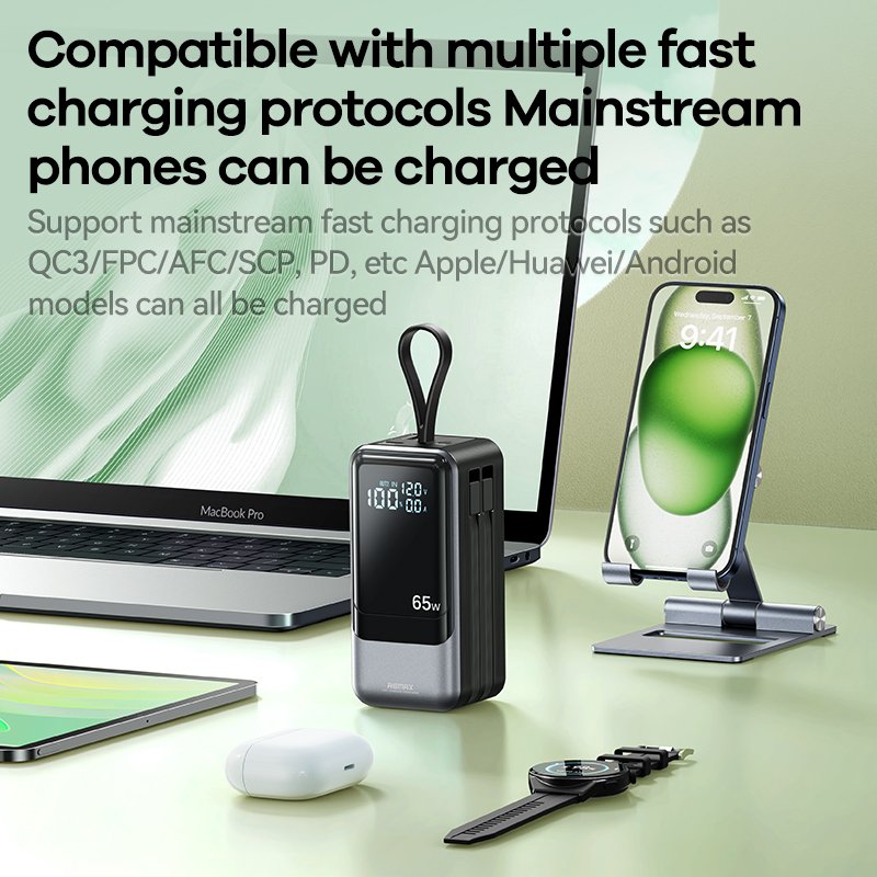 REMAX RPP-59 65W+60W PD+QC type c Fast Charging portable wireless battery 20000mAh Power Bank with 2 Detachable Cables powerbank