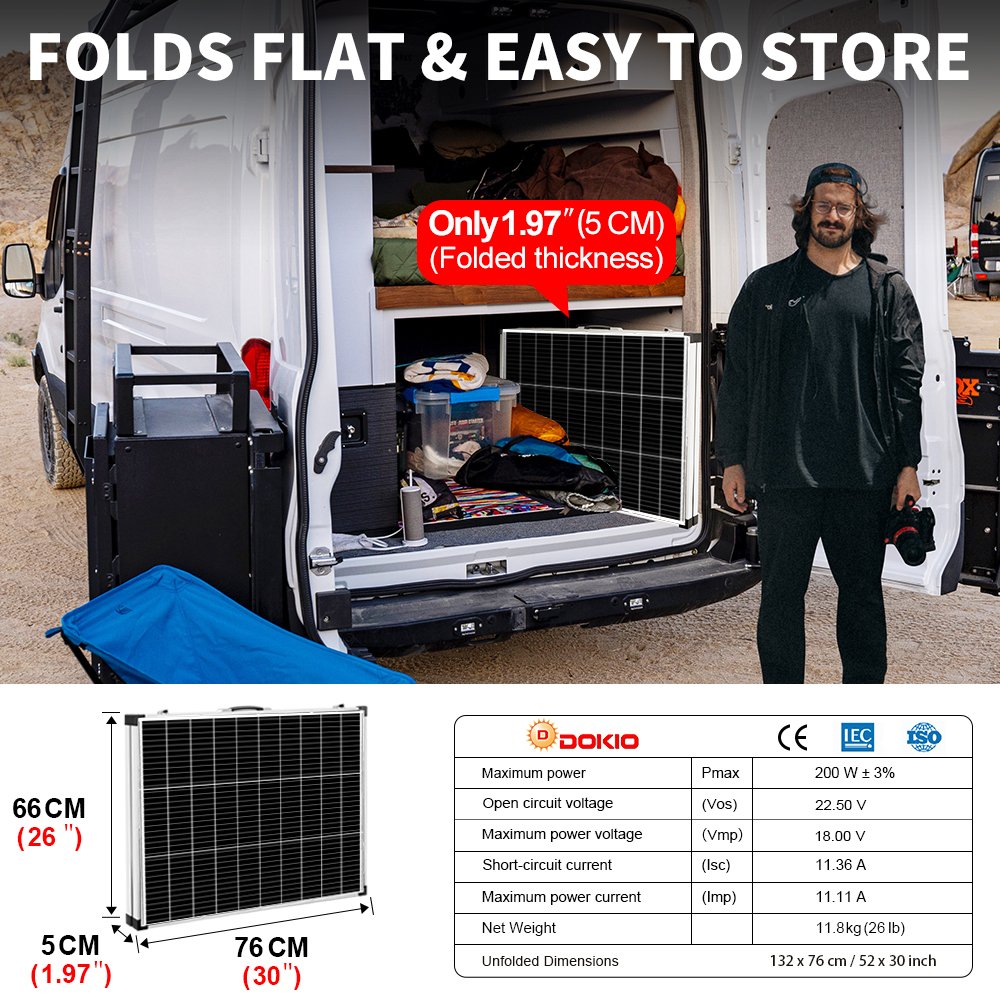 Dokio 18V 200W Rigid Foldable Solar Panel China 18V 20A 12V Controller Panel Solar Easy to Carry Cell/System Charger
