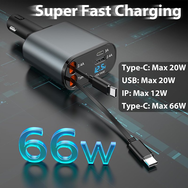 2024 Hot Sale 120W 4-in-1 Fast Retractable Car Charger Adapter OVP/OCP Protection Fast Charge Retractable Cables USB Battery