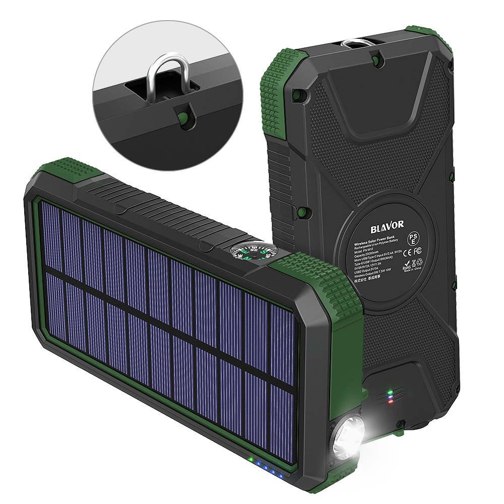 Rugged outdoor Hiking Camping Solar Charged type c PD18W Fast charge Wireless Waterproof Flashlight Compass 20000mAh Power Bank