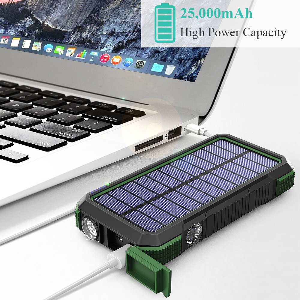 Rugged outdoor Hiking Camping Solar Charged type c PD18W Fast charge Wireless Waterproof Flashlight Compass 20000mAh Power Bank