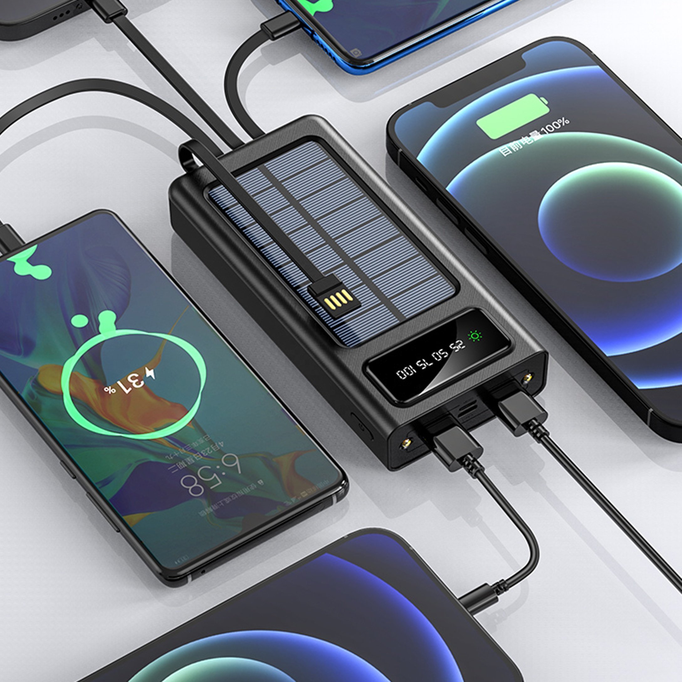 Mini Solar Power Bank Solar Panel Power Bank 20000 Mah Charger With Four Built-in Cables