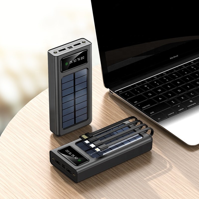 Mini Solar Power Bank Solar Panel Power Bank 20000 Mah Charger With Four Built-in Cables