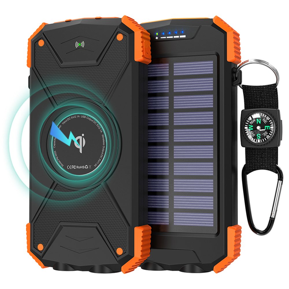 Rugged Hiking LED Camping Compass Flashlight fast Portable PD 20Watts Wireless Charger 10000mAh Solar Charger Power Bank