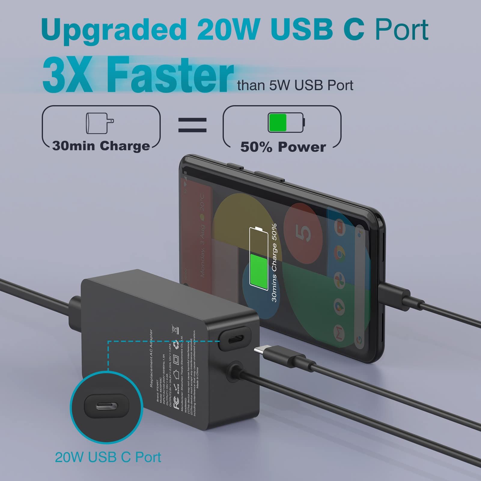 Universal 65W Laptop Charger Microsoft Surface with 20W USB C Port compatible with Surface Pro 3/4/5/6/7/8/9 and Surface Book
