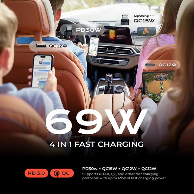 Lisen 2024 New Design 4 in 1 Retractable Car Charger USB C 100W Fast Charge Car Phone Charger
