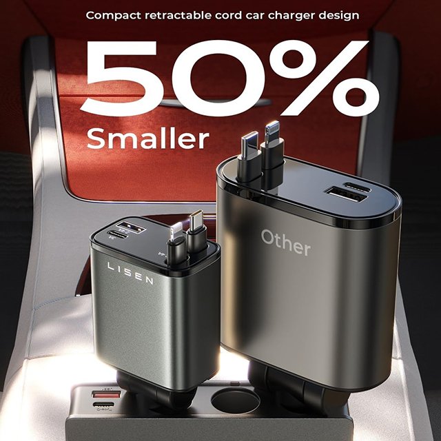 Lisen 2024 New Design 4 in 1 Retractable Car Charger USB C 100W Fast Charge Car Phone Charger