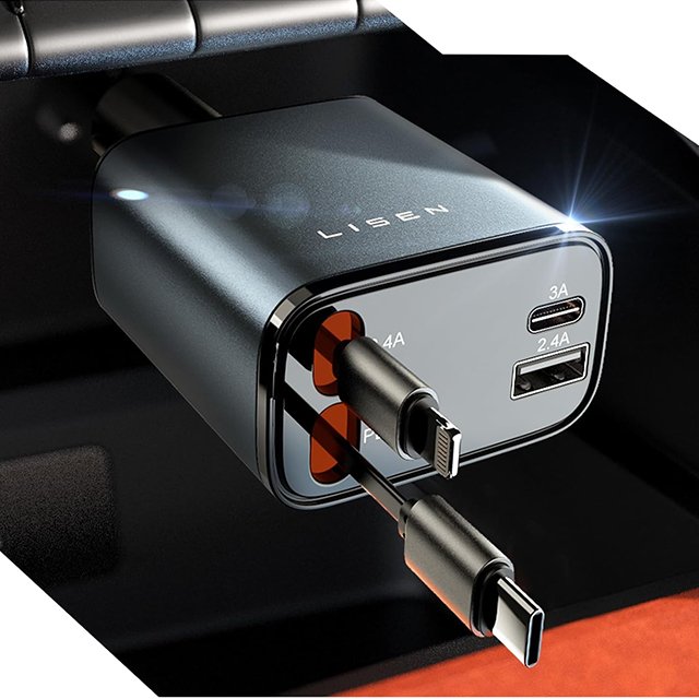 Lisen 2024 New Design 4 in 1 Retractable Car Charger USB C 100W Fast Charge Car Phone Charger