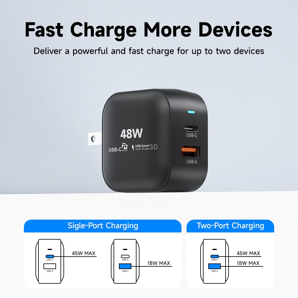 Vina Hot Selling Fast Quick QC 3.0 Fast PD 45W 48W GaN Charger 2-Port USB C USB-A Wall Charger Power Adapter