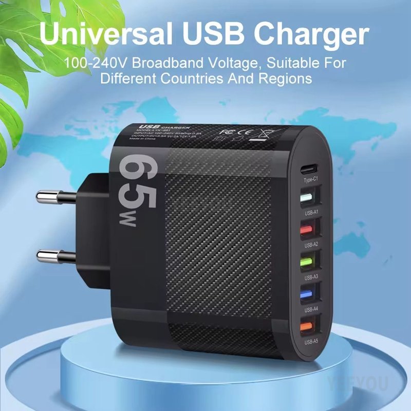 Multi Port 5USB Type-c Travel Charger 65w EU UK US Plug Multi Interface Adapter Portable Fast Charging Wall Adapter for Samsung